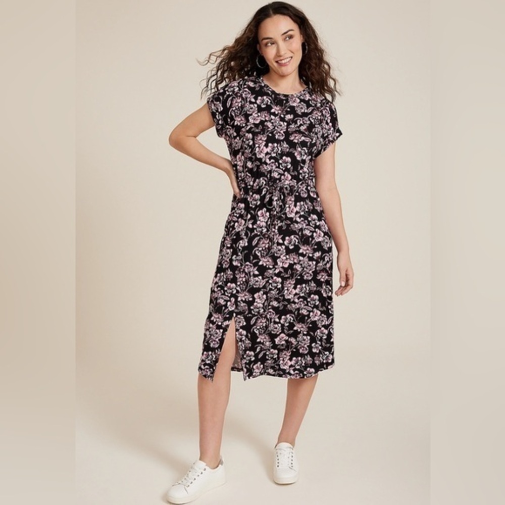 Maurices XXL Clara Black Floral Tie Waist Midi Dress NWOT